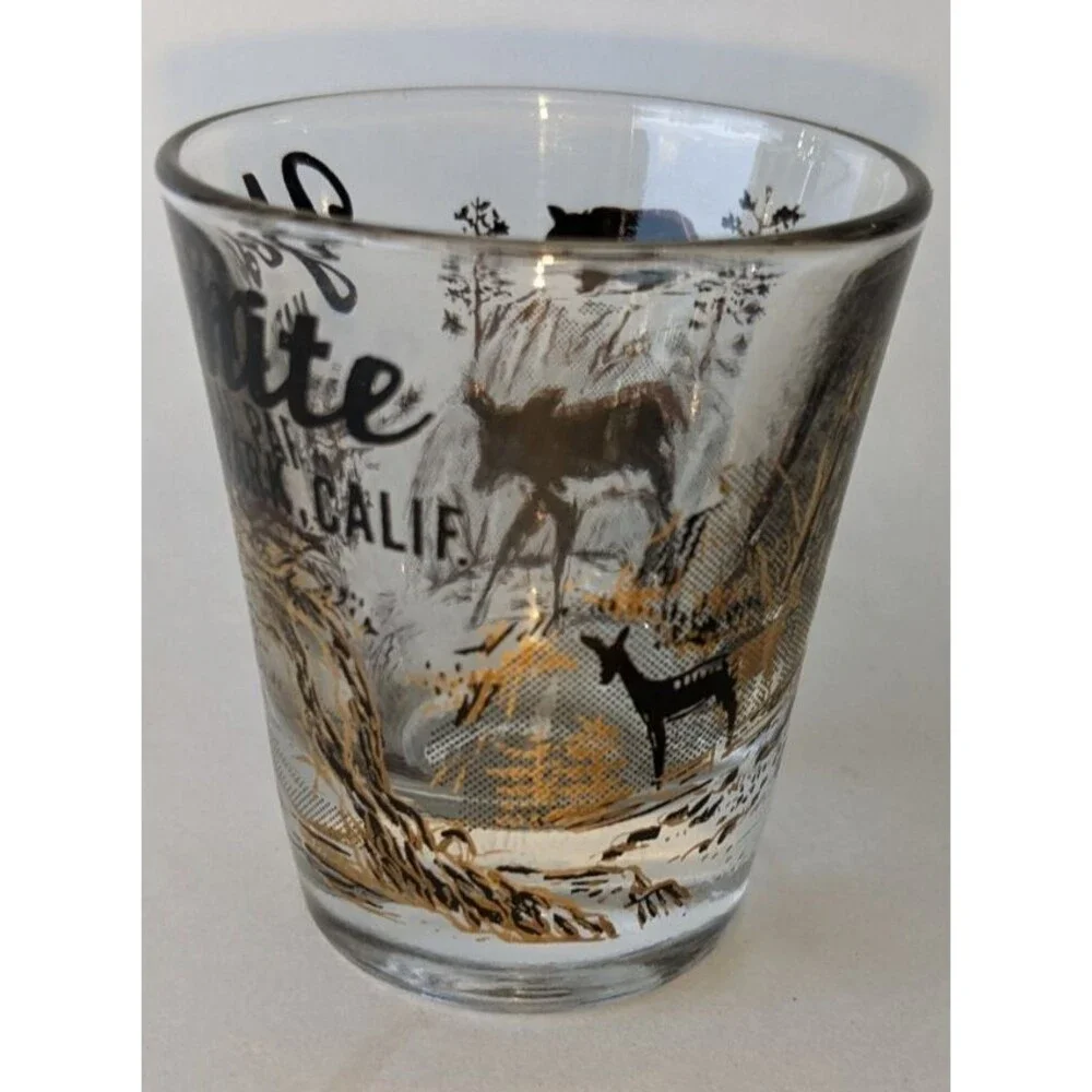 Yosemite National Park California Shot Glass Gold Black Wildlife Scene Souvenir